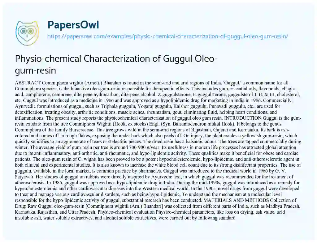 Essay on Physio-chemical Characterization of Guggul Oleo-gum-resin