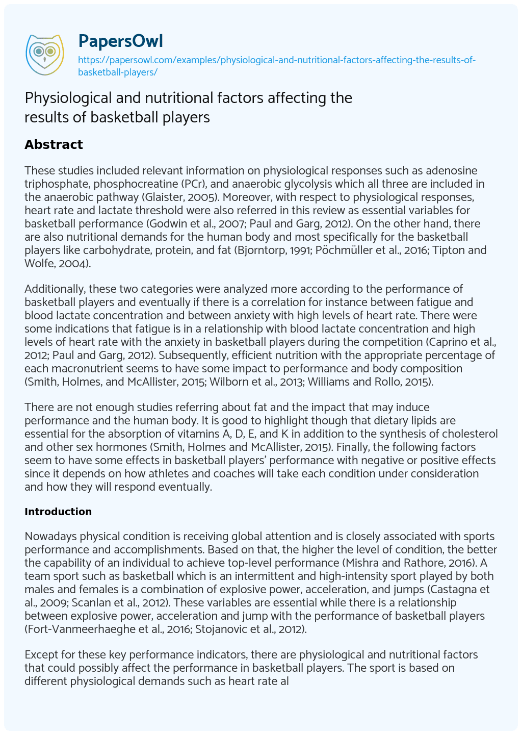 Essay on Physiological and Nutritional Factors Affecting the Results of Basketball Players