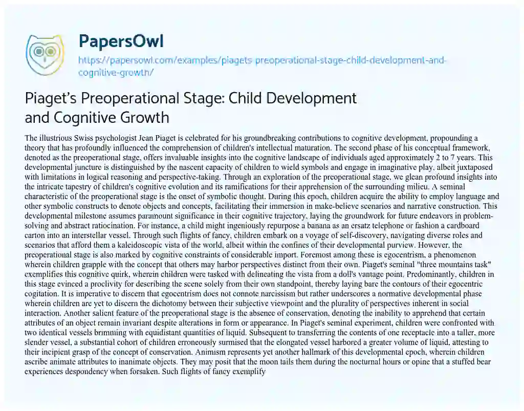 Essay on Piaget’s Preoperational Stage: Child Development and Cognitive Growth