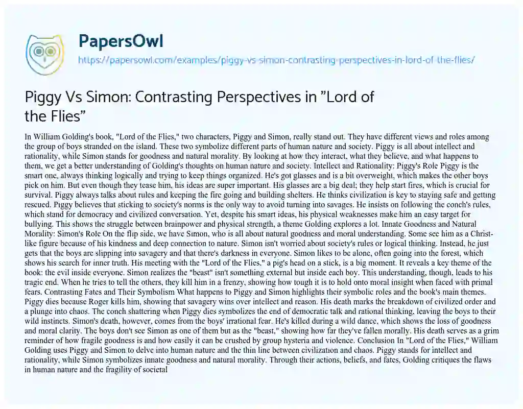 Essay on Piggy Vs Simon: Contrasting Perspectives in “Lord of the Flies”