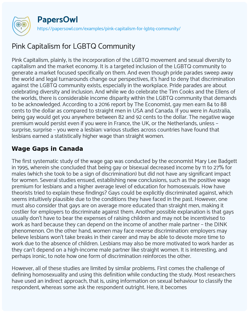 Essay on Pink Capitalism for LGBTQ Community