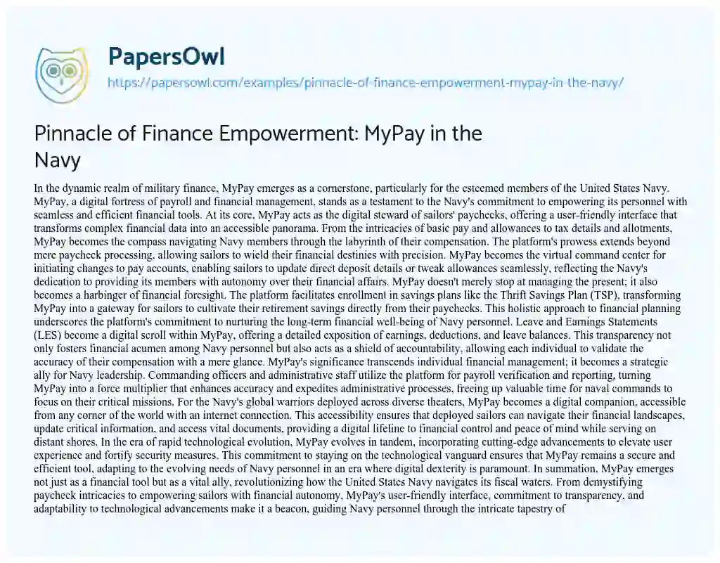 Essay on Pinnacle of Finance Empowerment: MyPay in the Navy