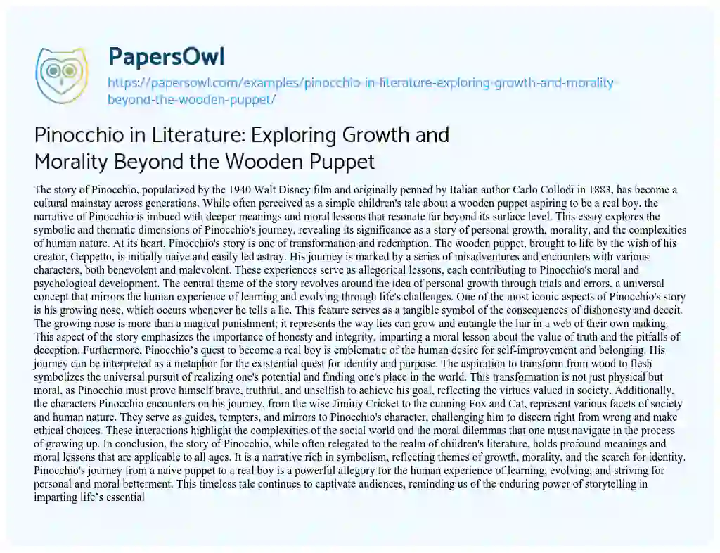 Essay on Pinocchio in Literature: Exploring Growth and Morality Beyond the Wooden Puppet