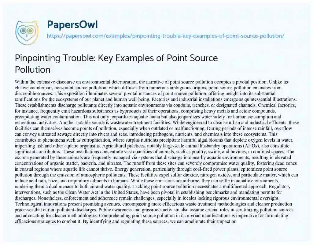 Essay on Pinpointing Trouble: Key Examples of Point Source Pollution