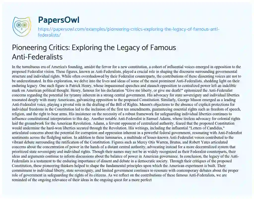 Essay on Pioneering Critics: Exploring the Legacy of Famous Anti-Federalists