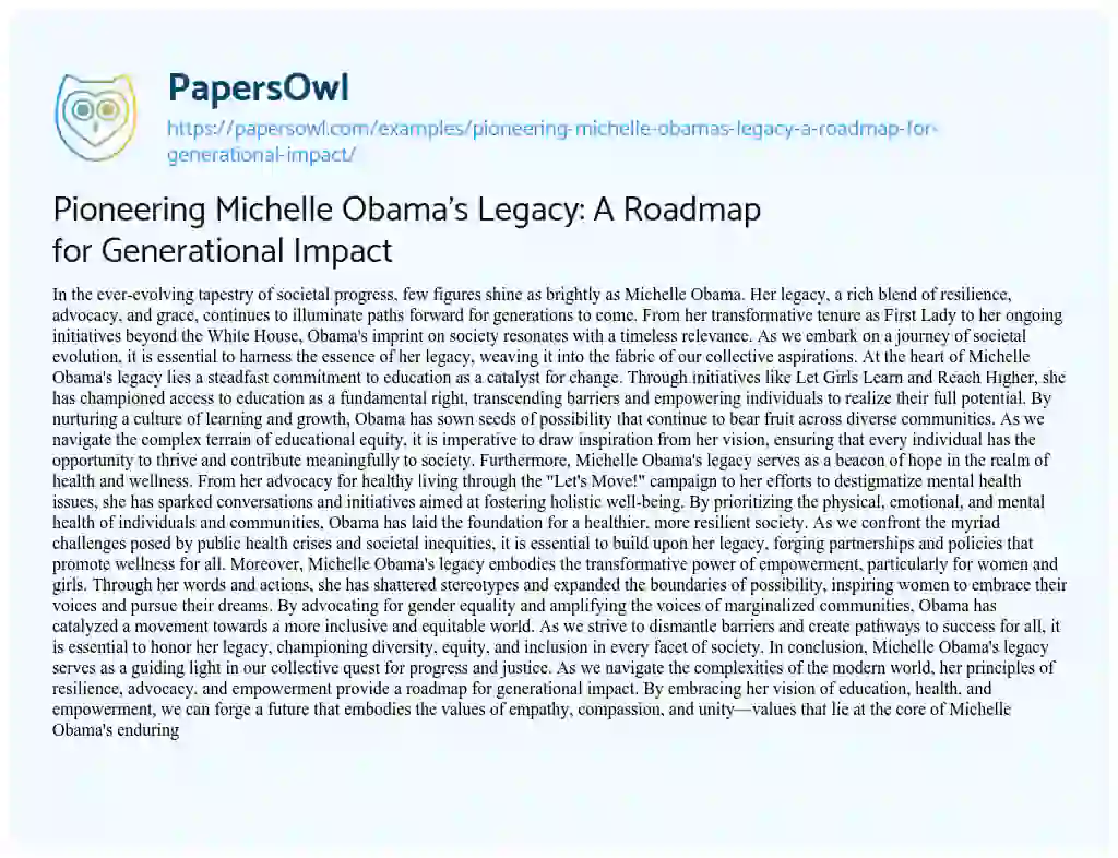 Essay on Pioneering Michelle Obama’s Legacy: a Roadmap for Generational Impact