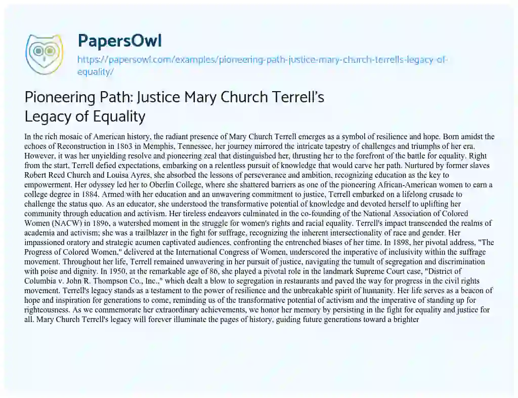 Essay on Pioneering Path: Justice Mary Church Terrell’s Legacy of Equality
