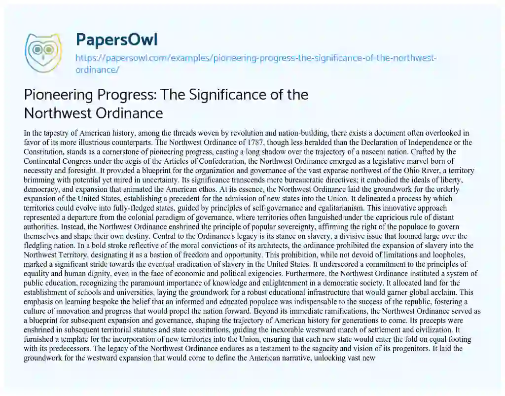 Essay on Pioneering Progress: the Significance of the Northwest Ordinance