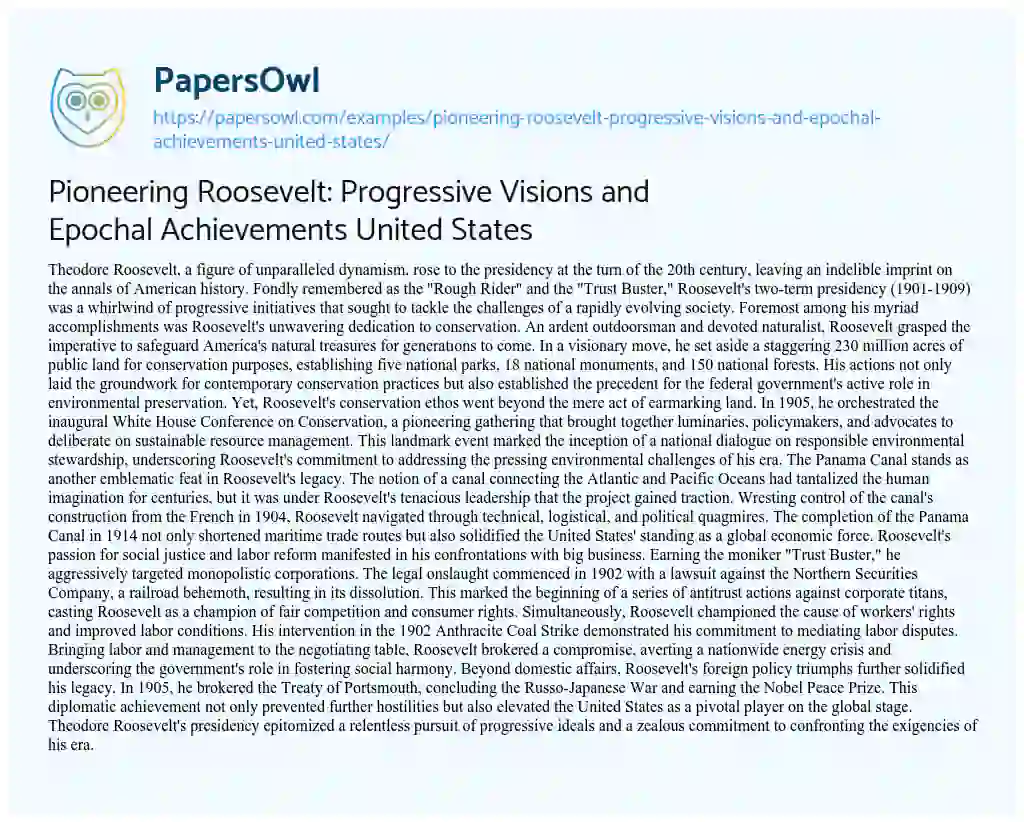 Essay on Pioneering Roosevelt: Progressive Visions and Epochal Achievements United States