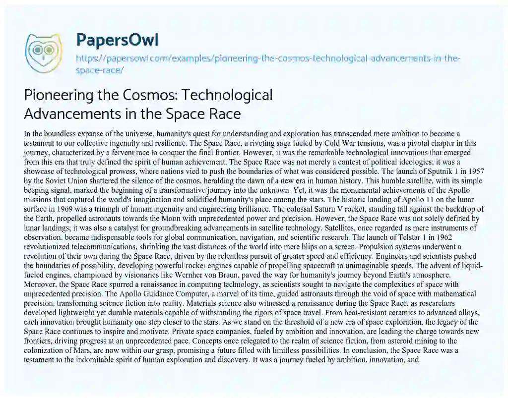 Essay on Pioneering the Cosmos: Technological Advancements in the Space Race