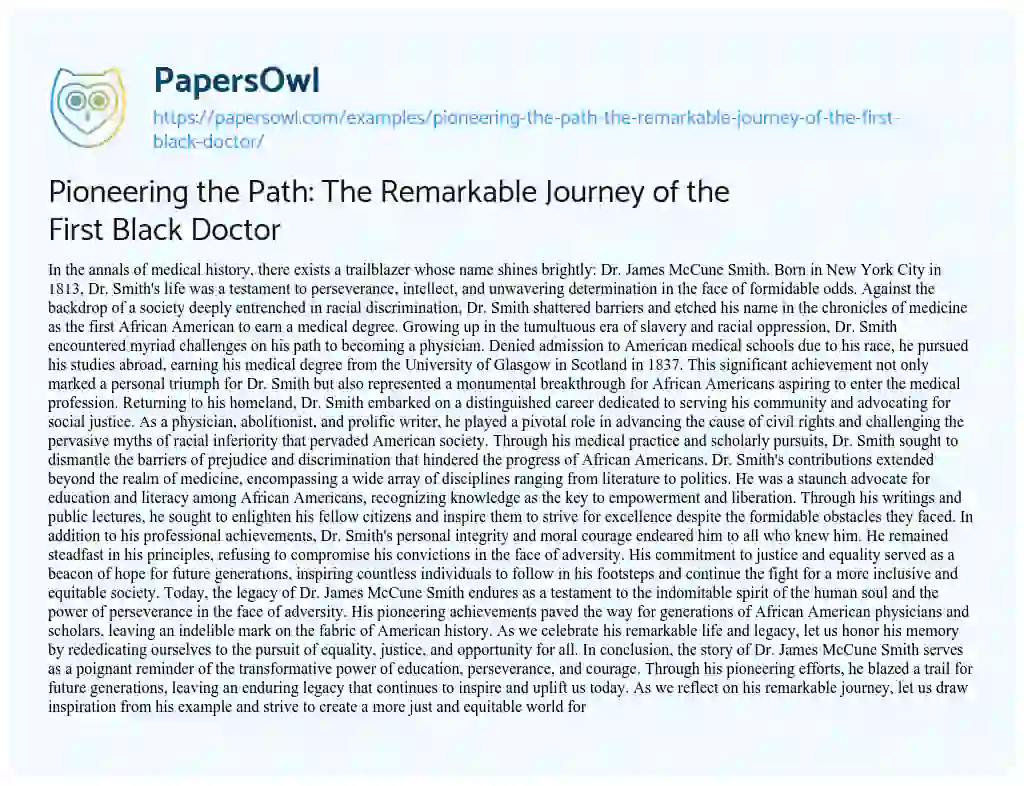 Essay on Pioneering the Path: the Remarkable Journey of the First Black Doctor