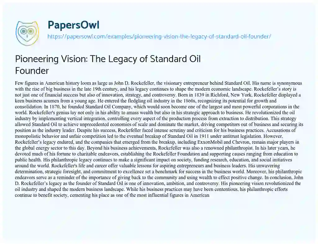 Essay on Pioneering Vision: the Legacy of Standard Oil Founder