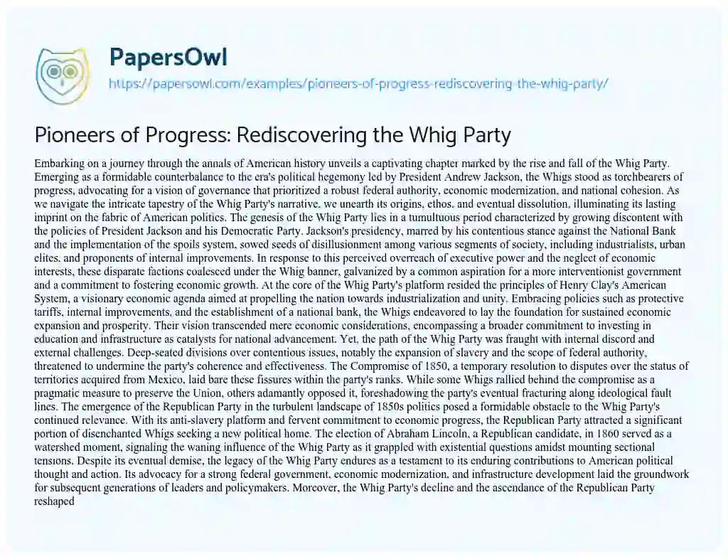 Essay on Pioneers of Progress: Rediscovering the Whig Party