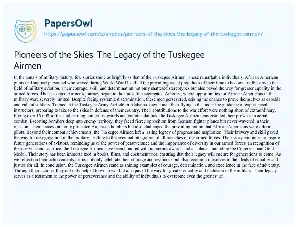 Essay on Pioneers of the Skies: the Legacy of the Tuskegee Airmen