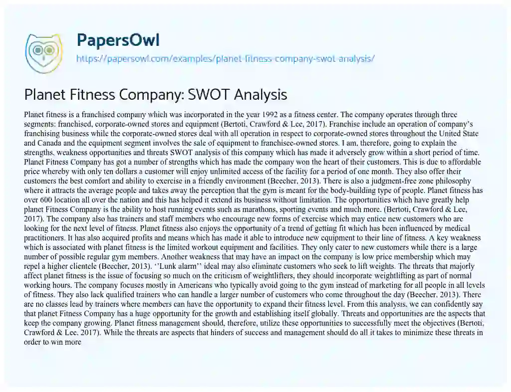 Essay on Planet Fitness Company: SWOT Analysis