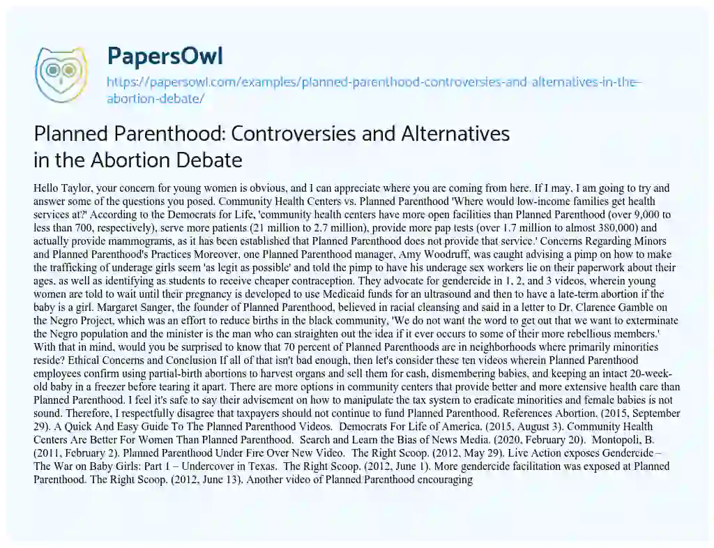 Essay on Planned Parenthood: Controversies and Alternatives in the Abortion Debate
