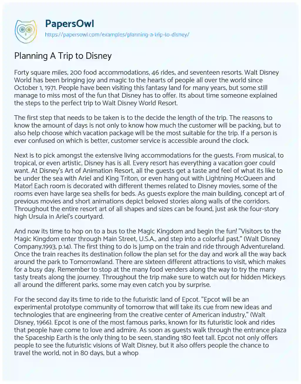 Essay on Planning a Trip to Disney