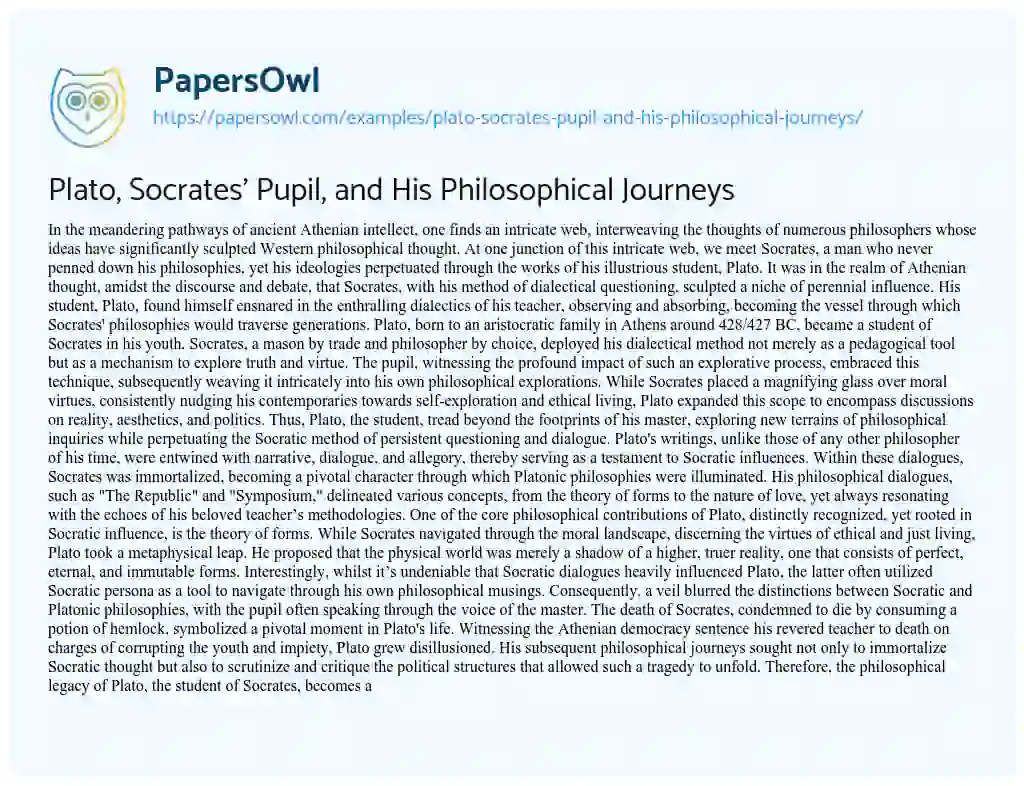 Essay on Plato, Socrates’ Pupil, and his Philosophical Journeys