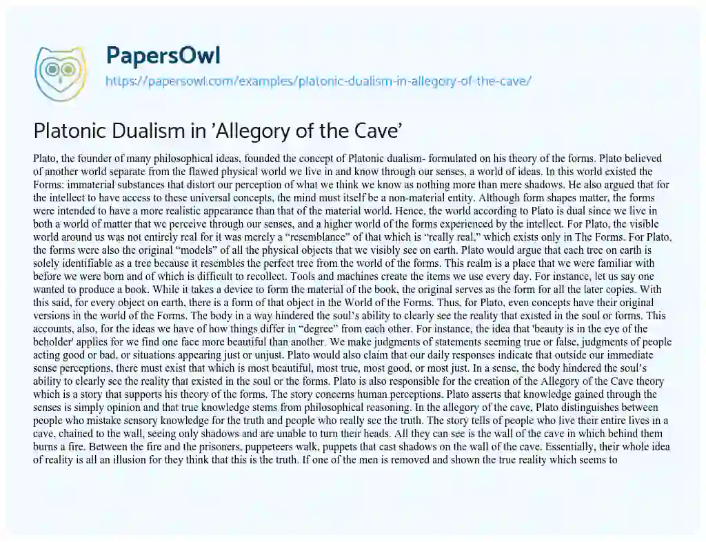 Essay on Platonic Dualism in ‘Allegory of the Cave’