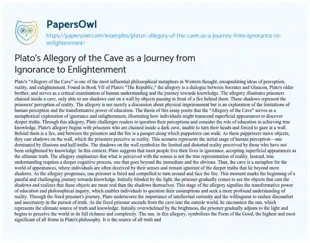 Essay on Plato’s Allegory of the Cave as a Journey from Ignorance to Enlightenment