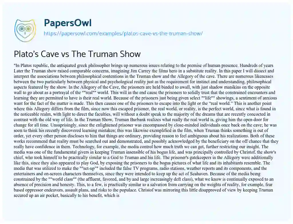 Plato’s Cave Vs the Truman Show essay