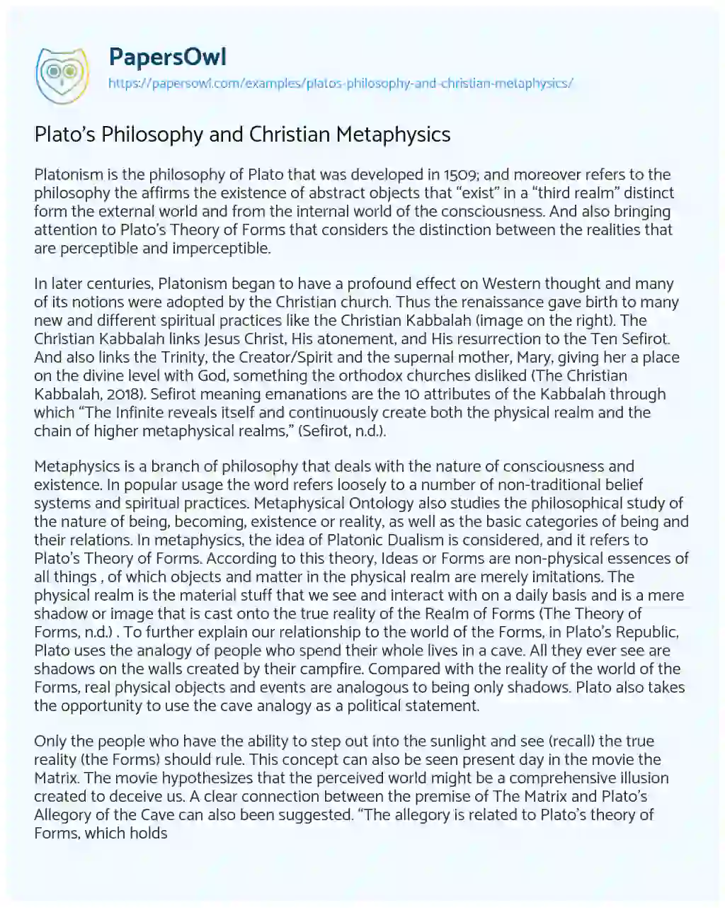 Essay on Plato’s Philosophy and Christian Metaphysics