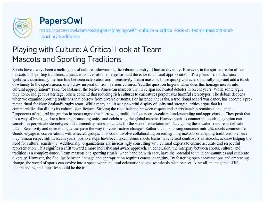 Essay on Playing with Culture: a Critical Look at Team Mascots and Sporting Traditions