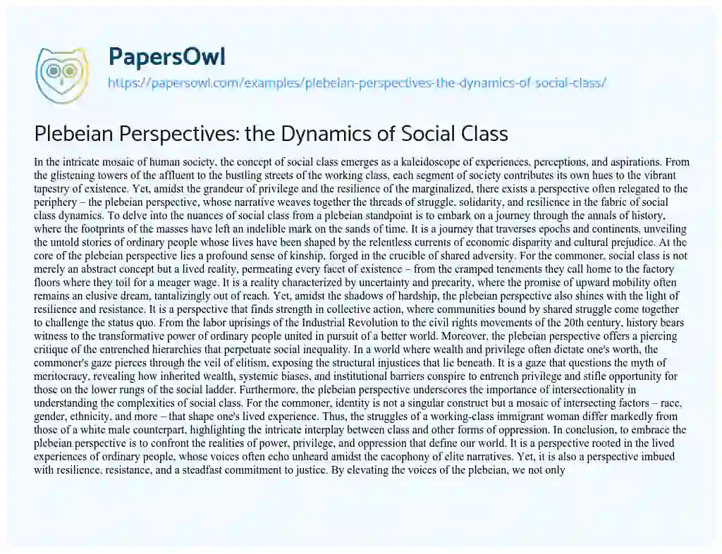 Essay on Plebeian Perspectives: the Dynamics of Social Class