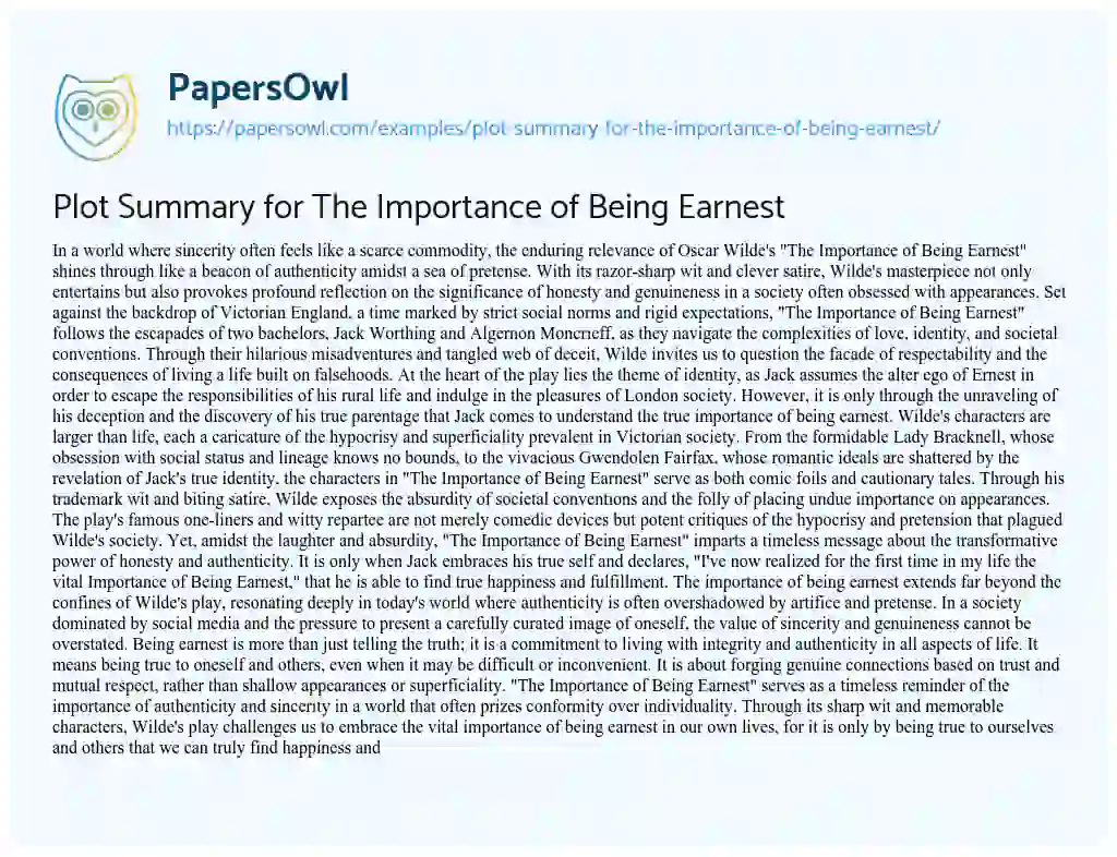 Essay on Plot Summary for the Importance of being Earnest