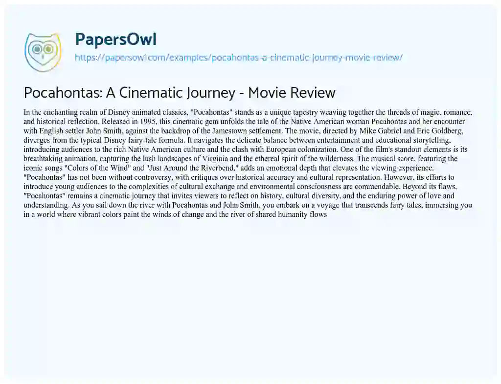 Essay on Pocahontas: a Cinematic Journey – Movie Review
