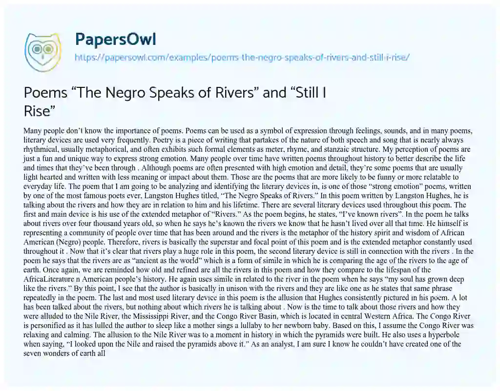 Poems “The Negro Speaks of Rivers” and “Still i Rise” essay