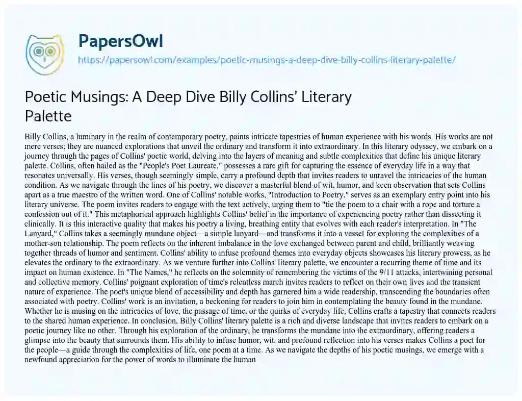 Essay on Poetic Musings: a Deep Dive Billy Collins’ Literary Palette