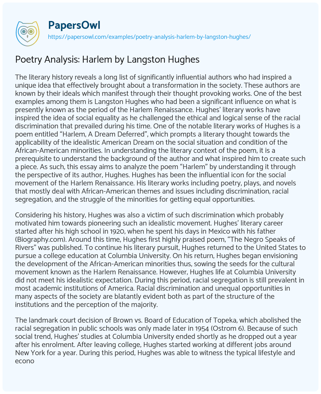 Essay on Poetry Analysis: Harlem by Langston Hughes