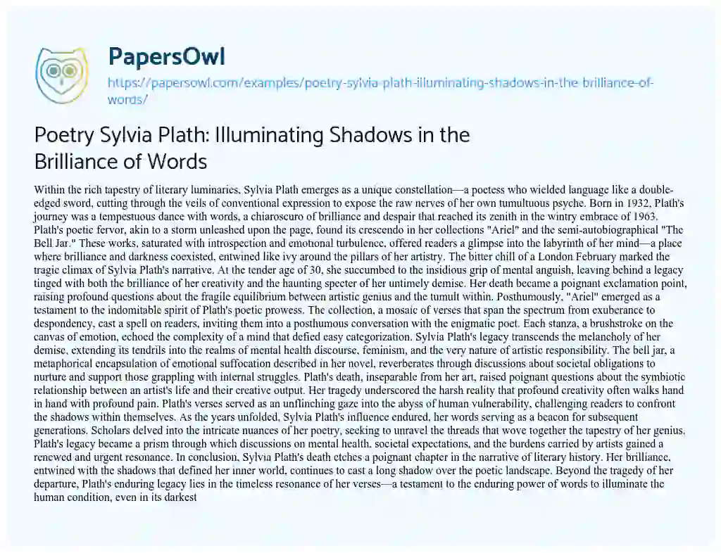 Essay on Poetry Sylvia Plath: Illuminating Shadows in the Brilliance of Words
