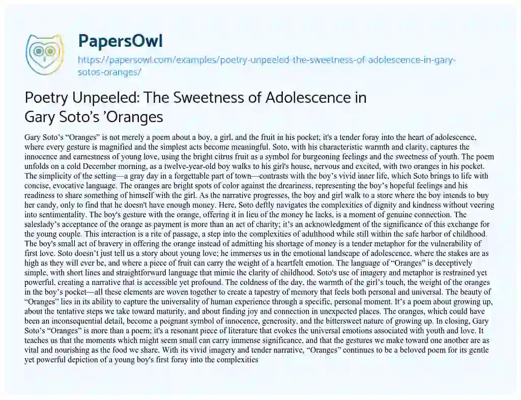 Essay on Poetry Unpeeled: the Sweetness of Adolescence in Gary Soto’s ‘Oranges