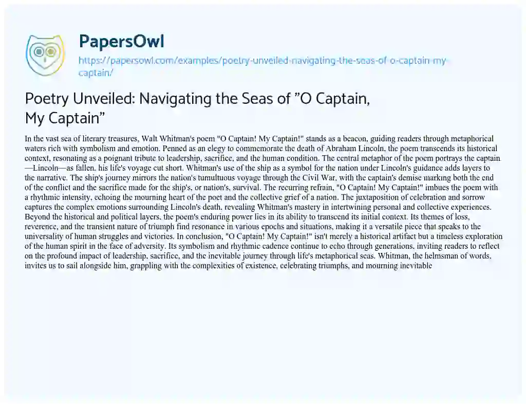 Essay on Poetry Unveiled: Navigating the Seas of “O Captain, my Captain”