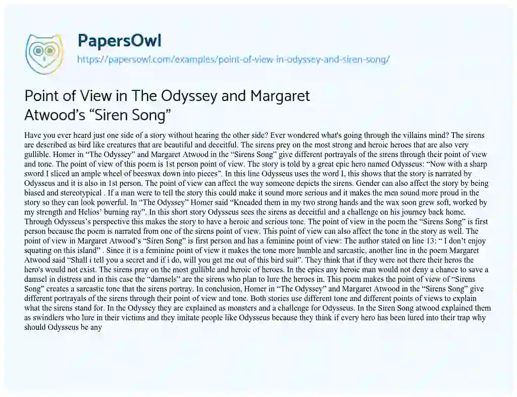 Essay on Point of View in the Odyssey and Margaret Atwood’s “Siren Song”