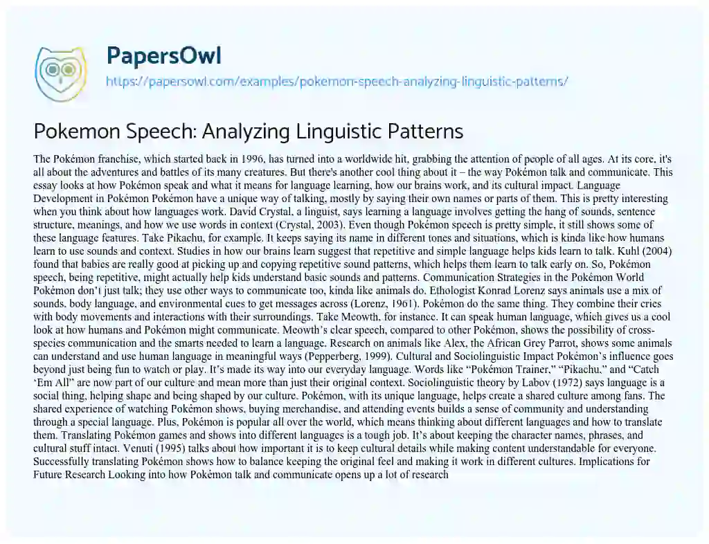 Essay on Pokemon Speech: Analyzing Linguistic Patterns