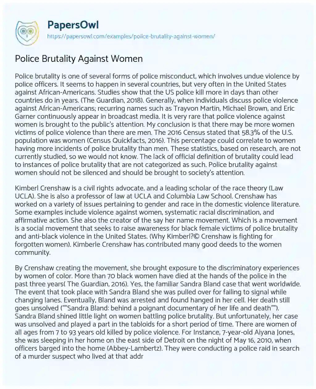 Essay on Police Brutality against Women