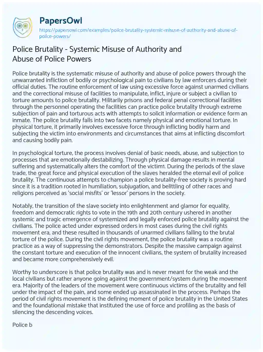 Essay on Police Brutality – Systemic Misuse of Authority and Abuse of Police Powers