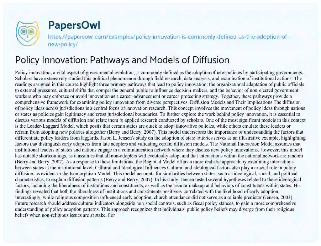 Essay on Policy Innovation is Commonly Defined as the Adoption of New Policy