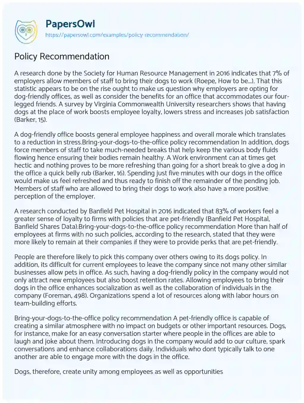 Essay on Policy Recommendation