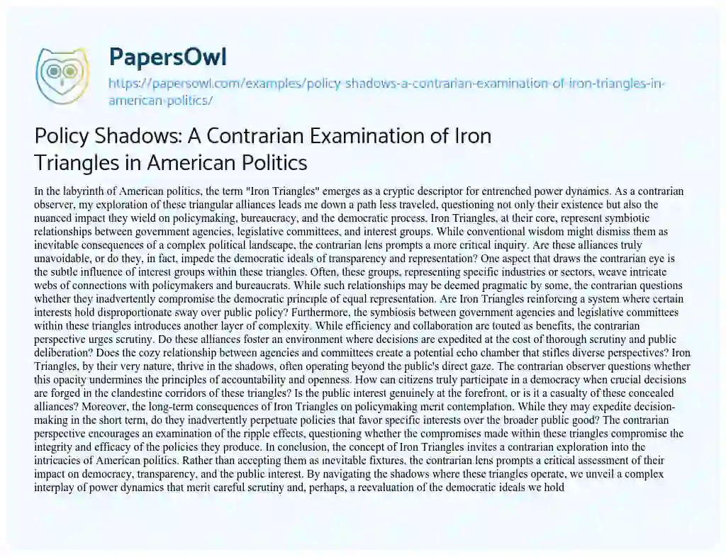 Essay on Policy Shadows: a Contrarian Examination of Iron Triangles in American Politics