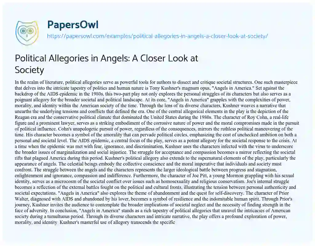 Essay on Political Allegories in Angels: a Closer Look at Society