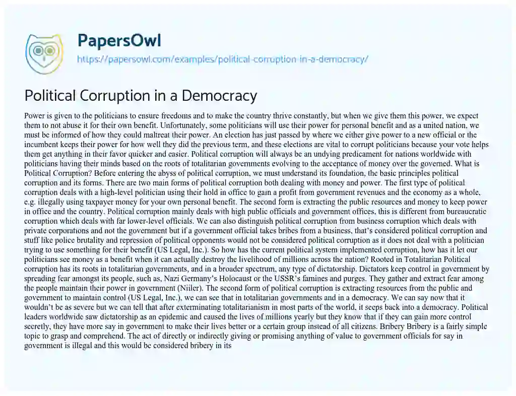 Essay on Political Corruption in a Democracy