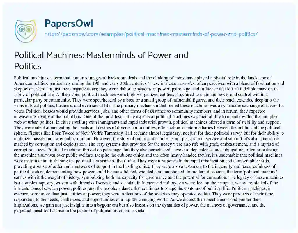 Essay on Political Machines: Masterminds of Power and Politics