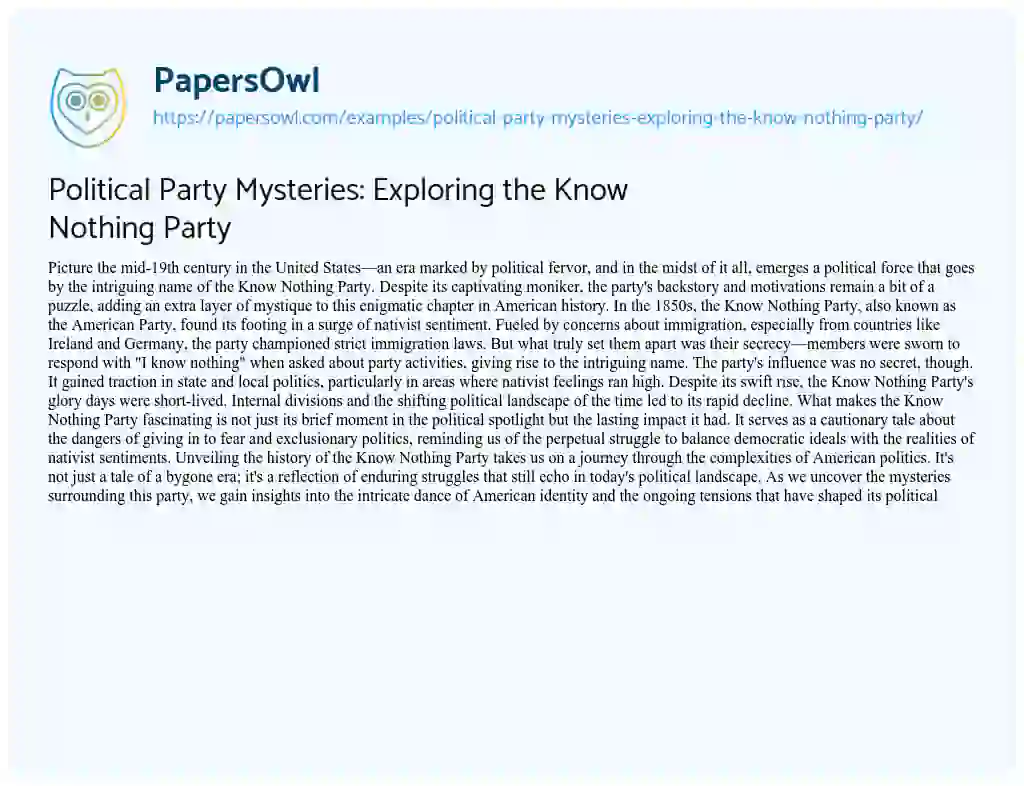 Essay on Political Party Mysteries: Exploring the Know Nothing Party