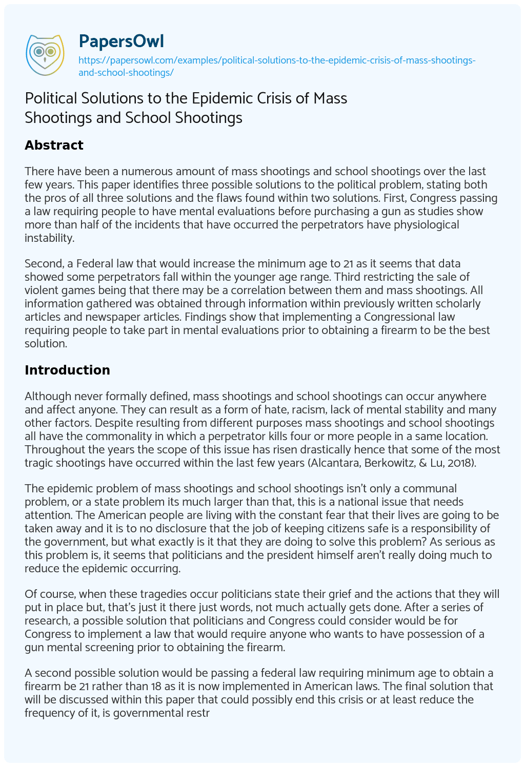 Essay on Political Solutions to the Epidemic Crisis of Mass Shootings and School Shootings