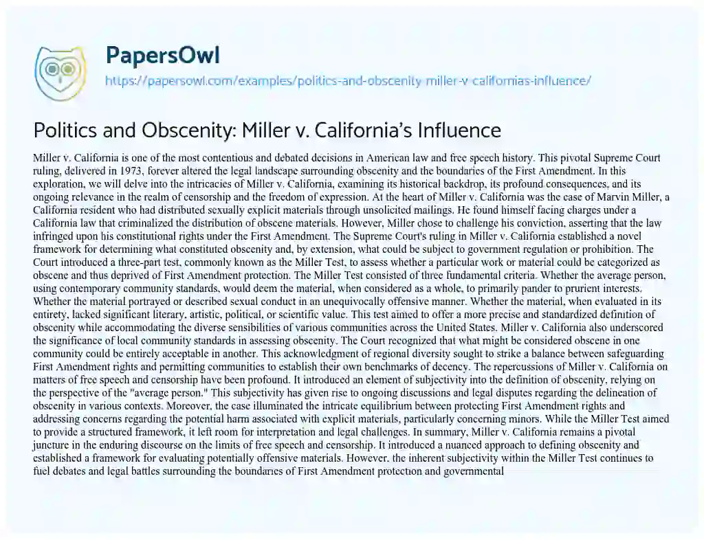 Essay on Politics and Obscenity: Miller V. California’s Influence