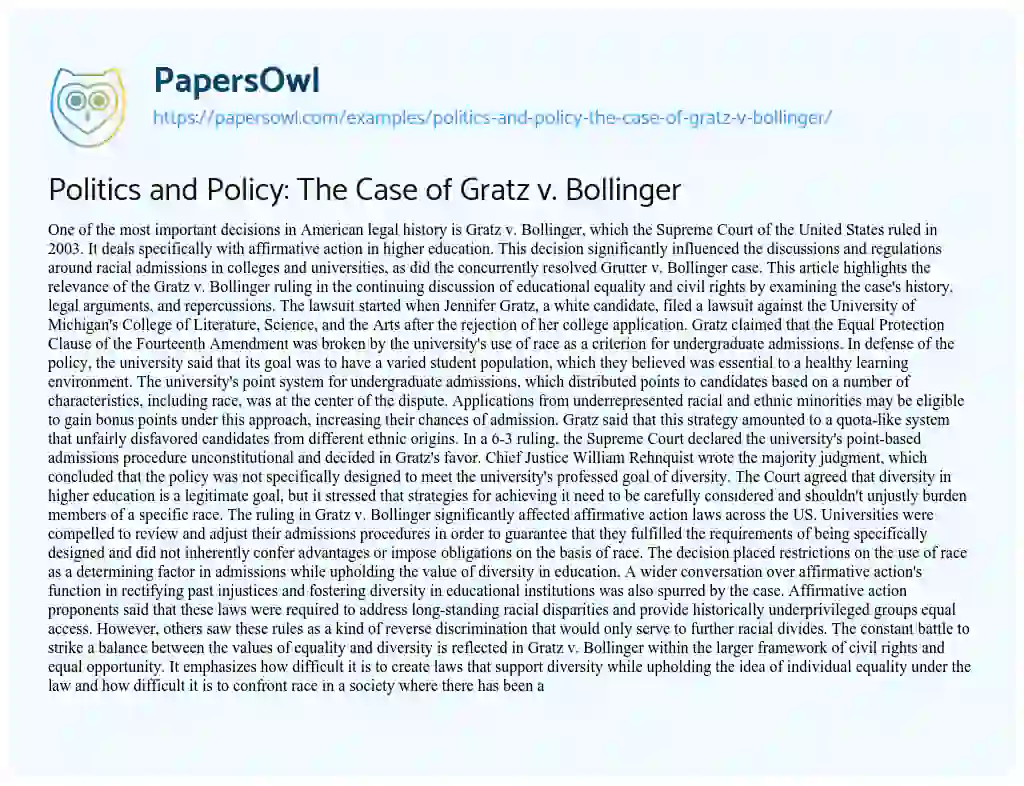 Essay on Politics and Policy: the Case of Gratz V. Bollinger